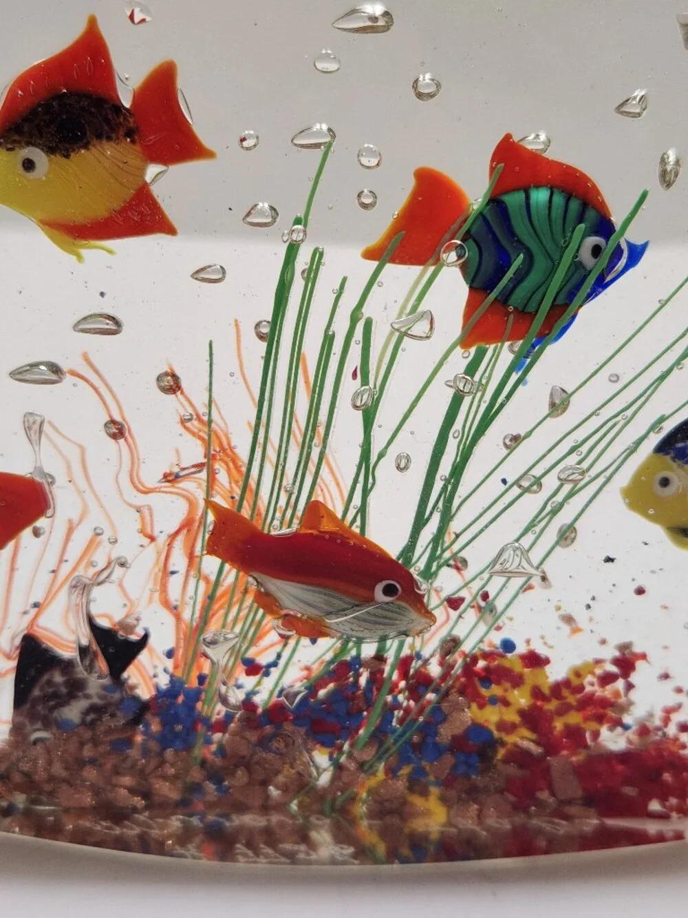 Vintage Signed Murano Glass Aquarium 6-Fish Sculpture Wave Molded Label #7726